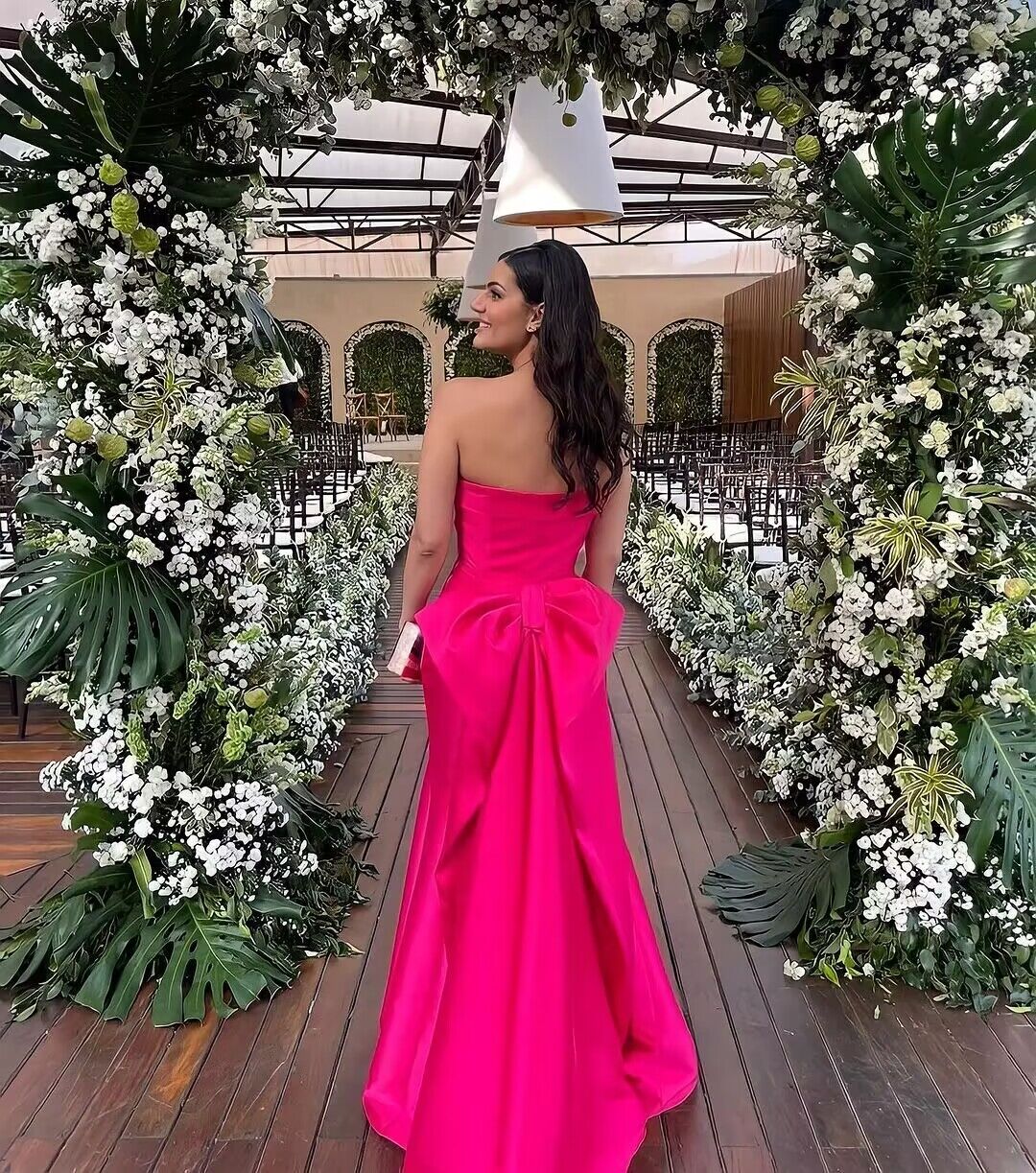 Robe de bal sirène longue sans bretelles rose vif J2733