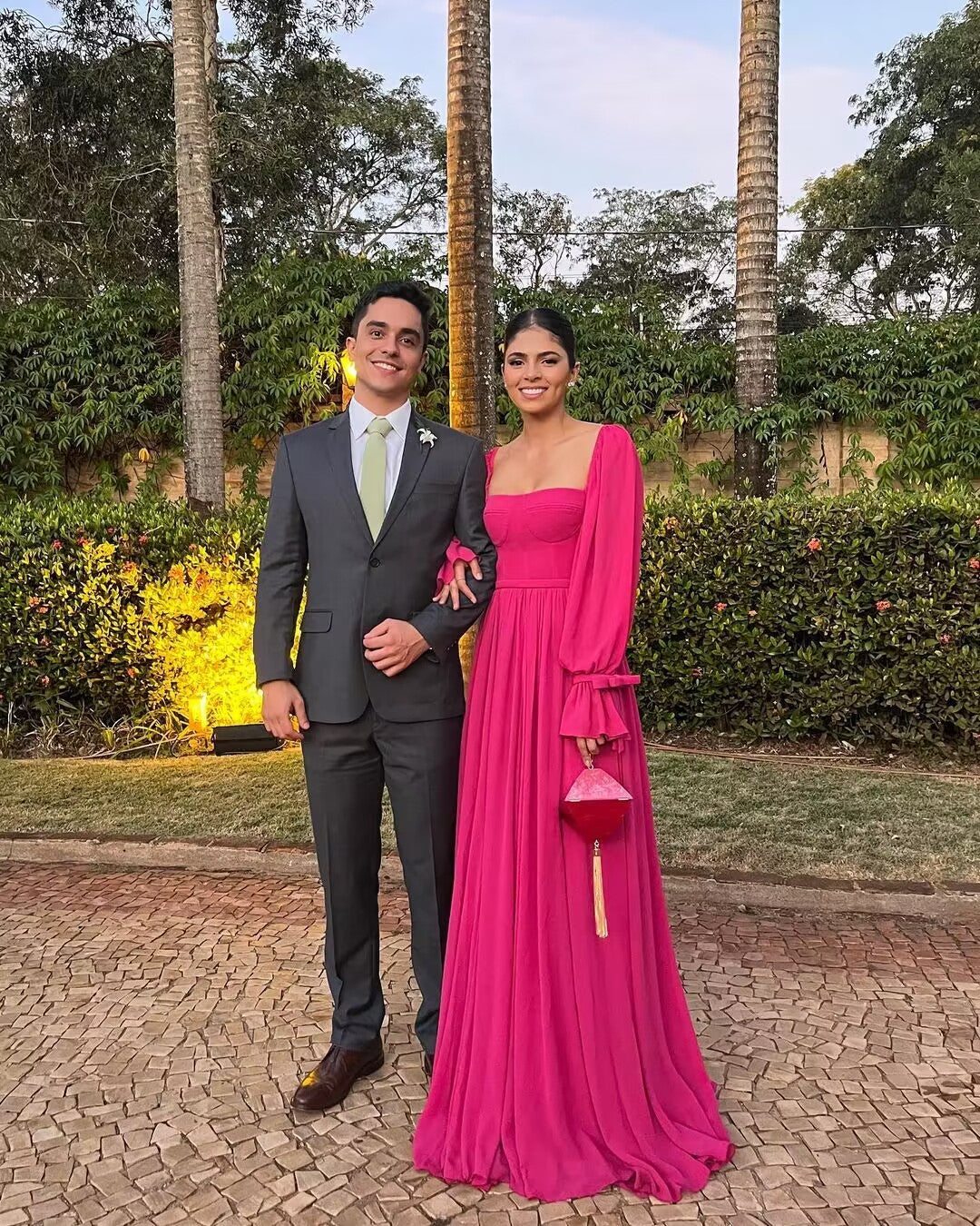 Hot Pink A-Linie Chiffon Langes Ballkleid mit langen Ärmeln J2737