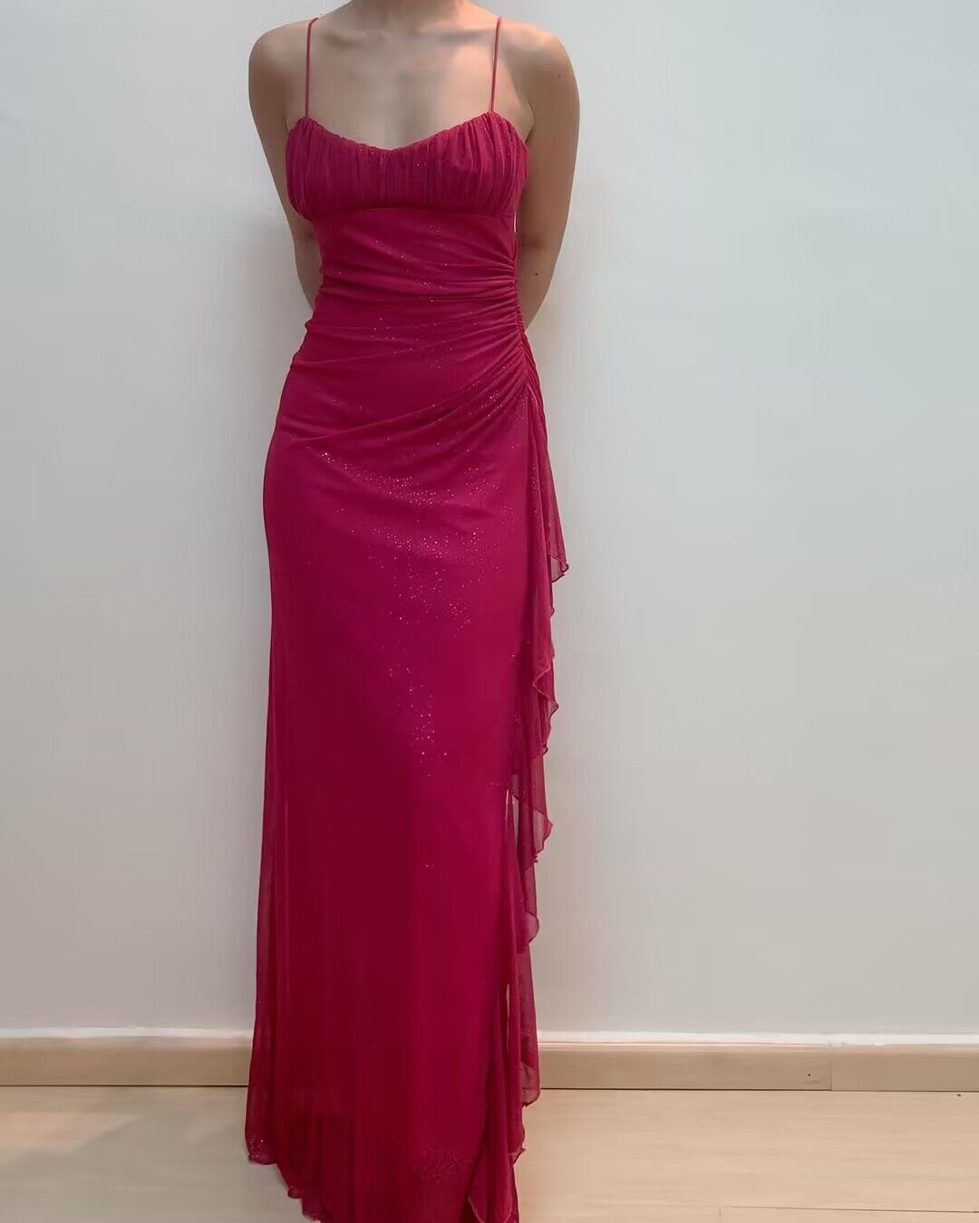 Spaghetti Straps Rose Red Sheath Ruffled Long Prom Dresses J2740