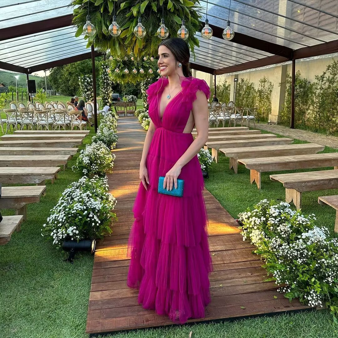 V-Ausschnitt Fuchsia A-Linie Langes Ballkleid J2760