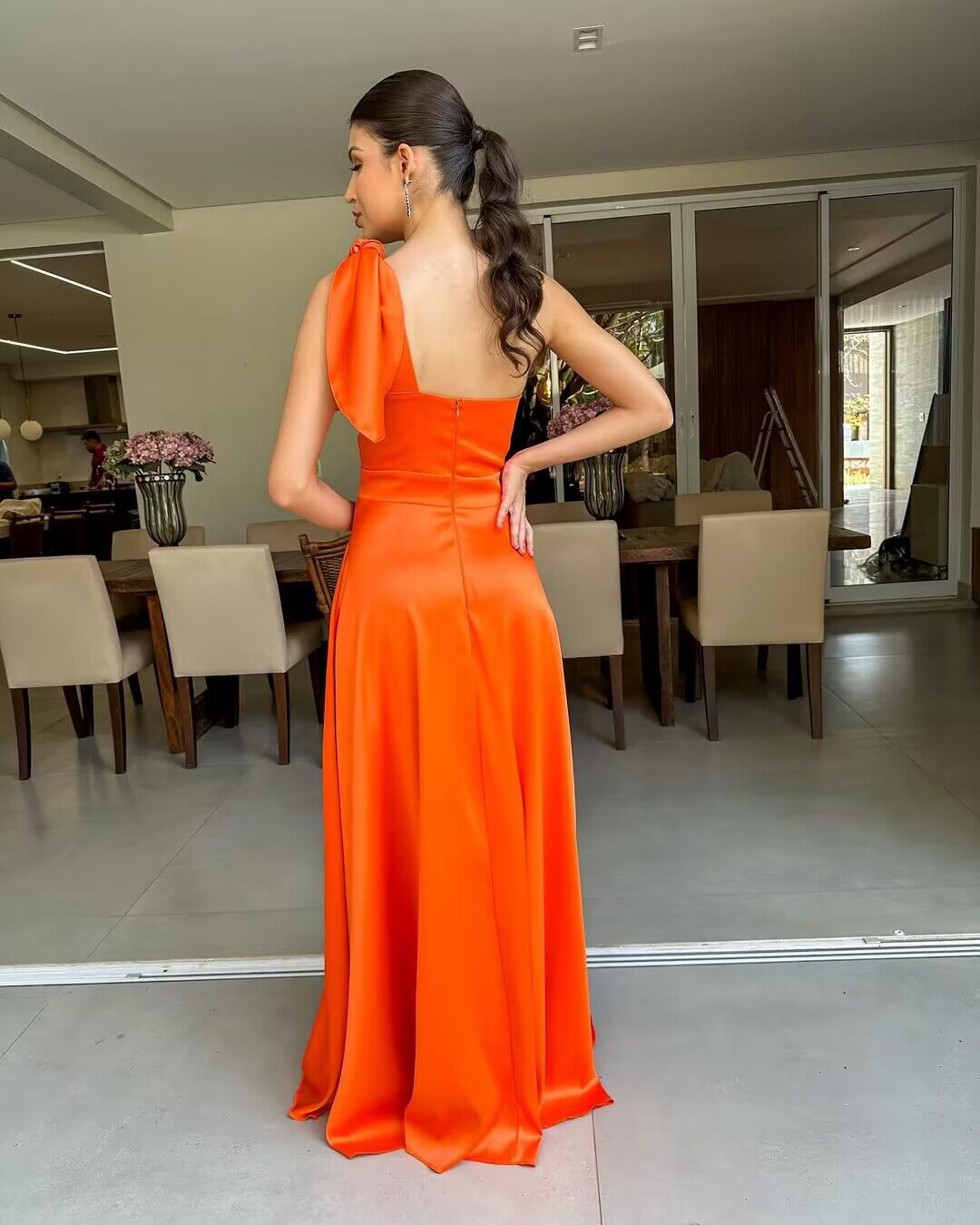 One Shoulder Orange A Line Long Prom Dresses J2765