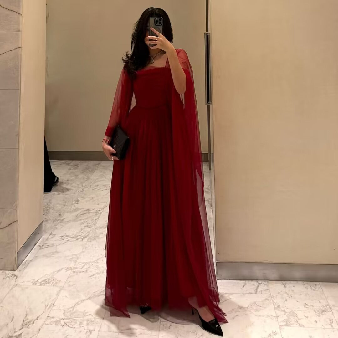 Elegantes rotes A-Linien-Tüll-Ballkleid ohne Träger J2811