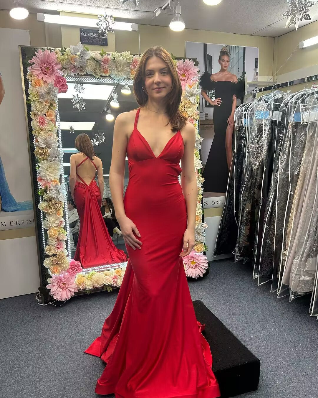 V Neck Red Mermaid Long Prom Dress Backless Evening Party Dress J2804