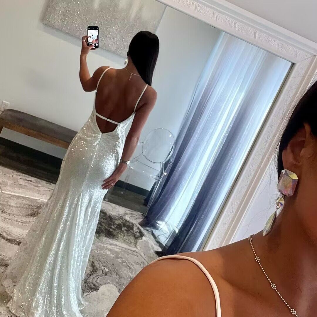 Applique Spaghetti Straps White Sequin Mermaid Long Prom Dress J2823