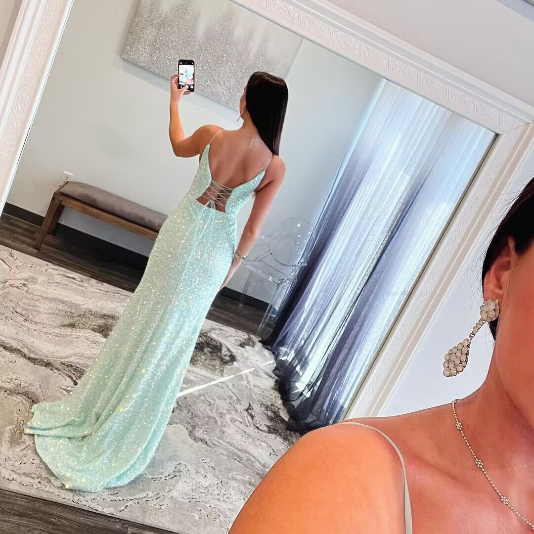 Appliqued Spaghetti Straps Sequin Mermaid Prom Dress Slit J2820