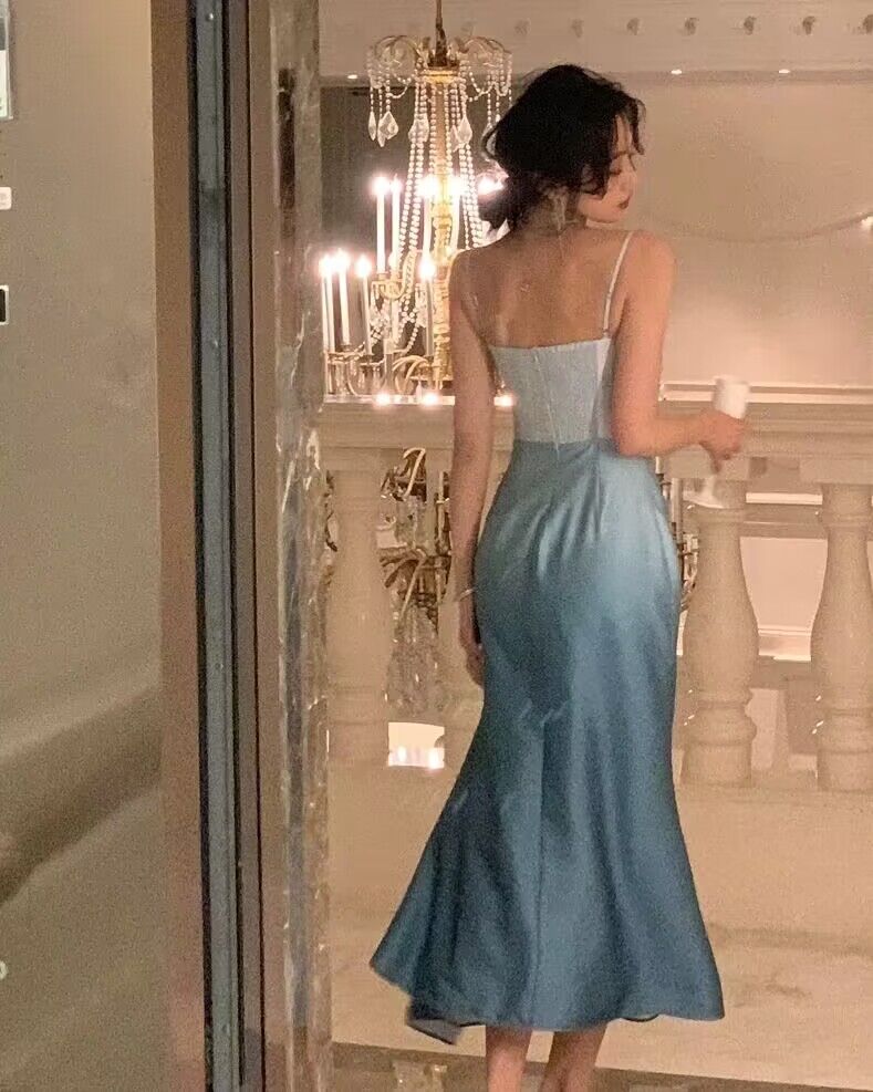 Robe de bal sirène longue à bretelles spaghetti et dégradé de bleu J2775
