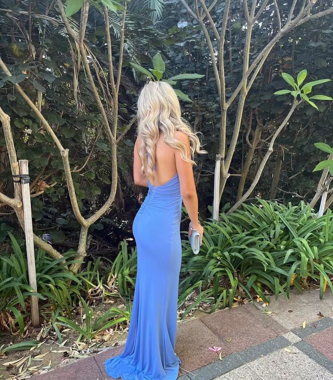 Deep V Neck Blue Sheath Long Prom Dresses J2776