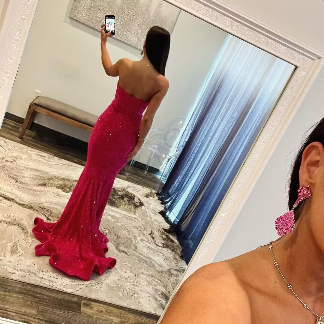 Robe de soirée sirène longue en velours rouge rose à paillettes J2777