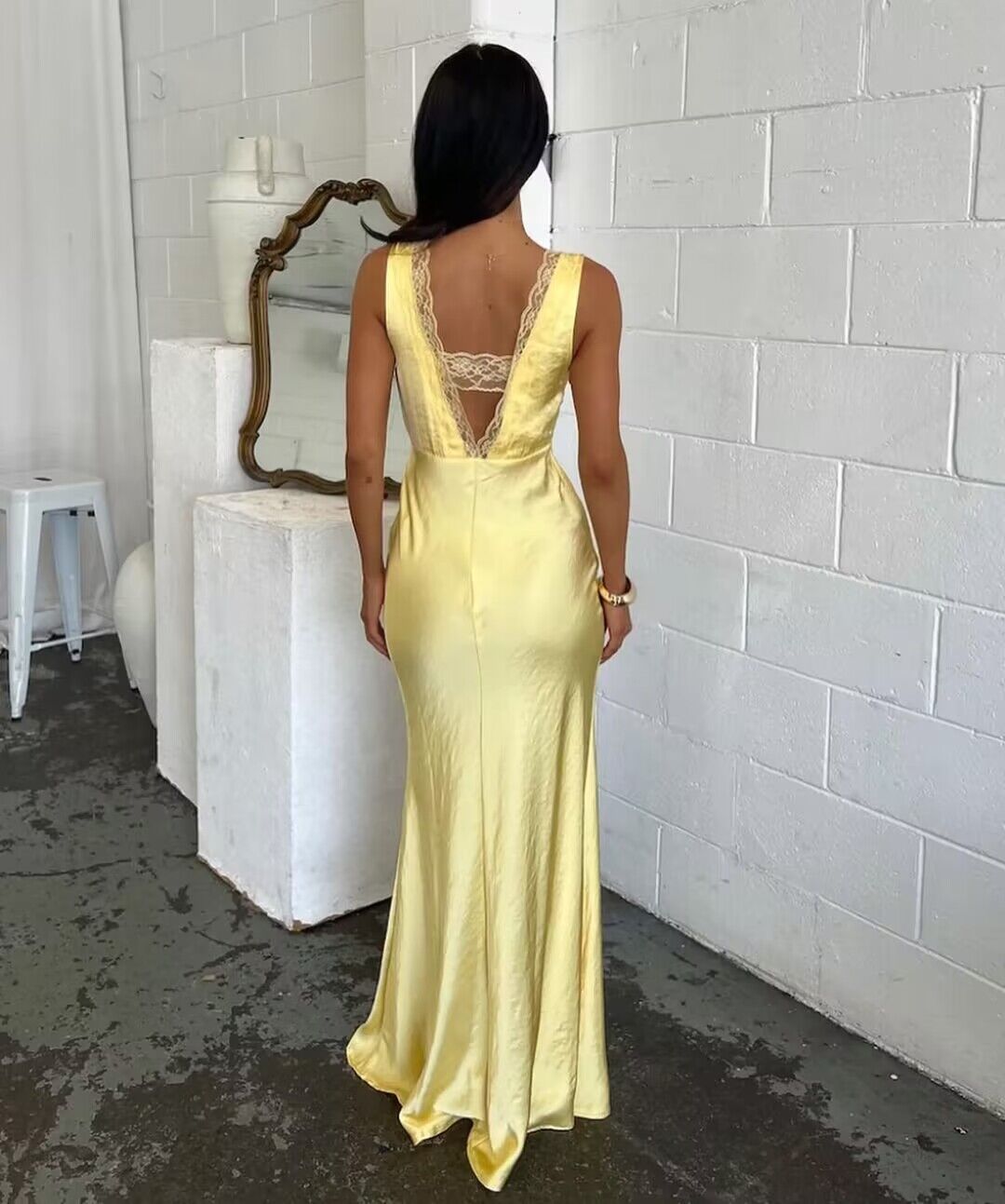 V Neck Yellow Sheath Long Prom Dresses J2780