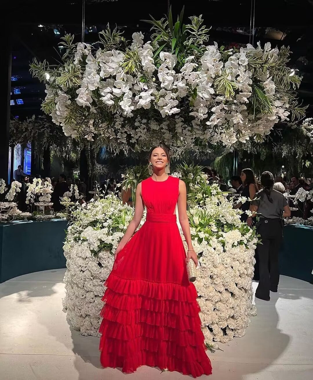 Rotes, mehrlagiges A-Linien-Ballkleid, langes Partykleid, J2790