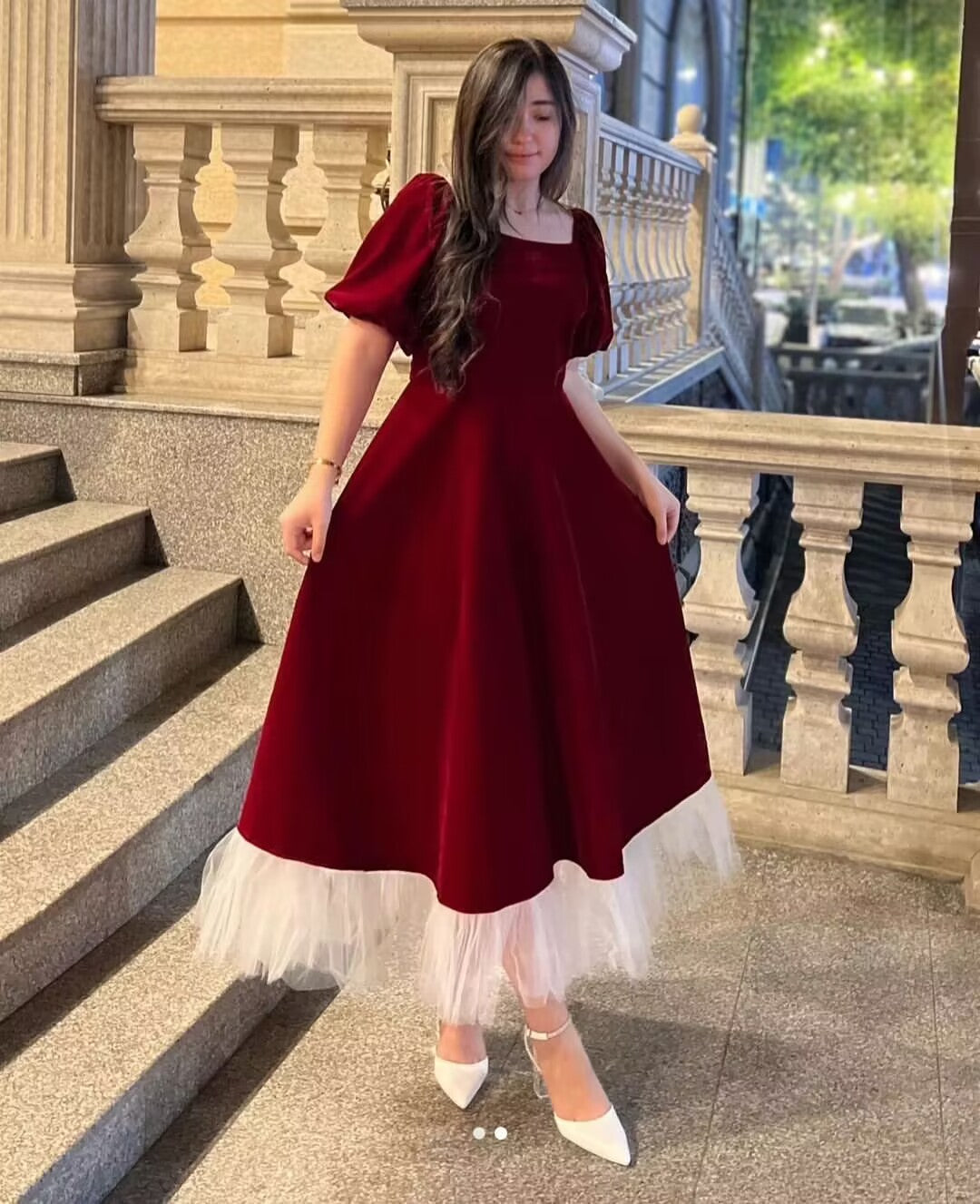 Burgunderrotes A-Linien-Ballkleid aus Samt, süßes Partykleid J2792