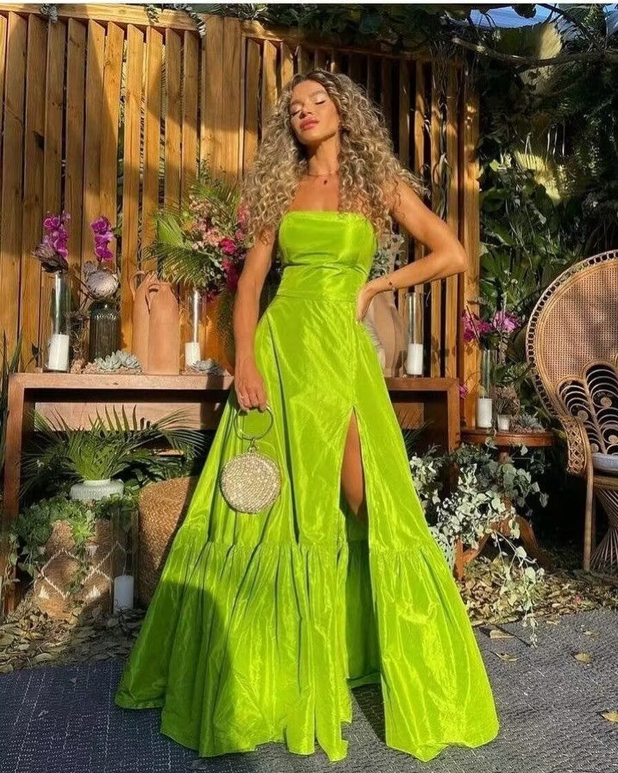 Trägerloses, olivgrünes, langes A-Linien-Ballkleid mit Schlitz J2910