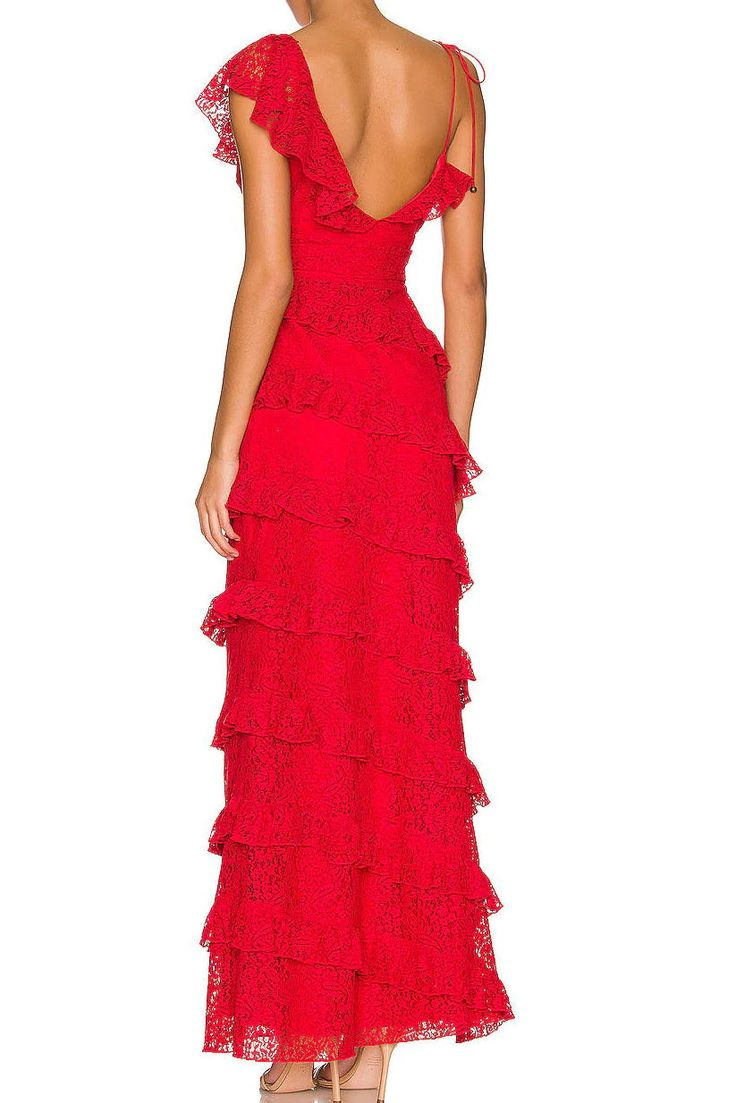Red Lace Long Prom Dress Tiered Evening Dresses Graduation Gown 2171