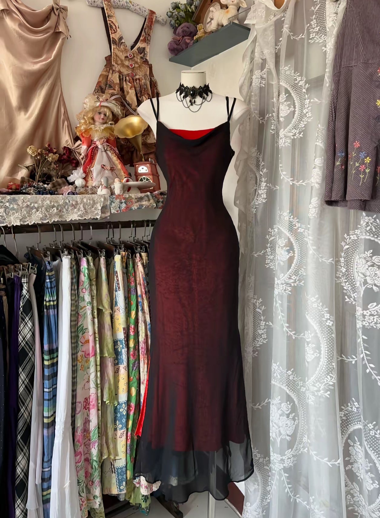 Robe de soirée sirène rouge et noire, longue robe de bal J8454