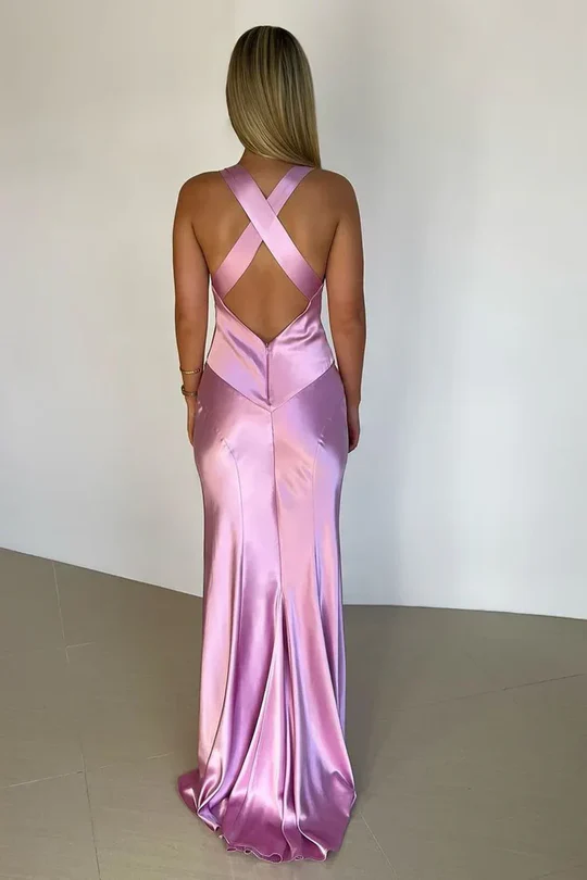 Robe de soirée longue en satin à col en V, robe de bal J8346