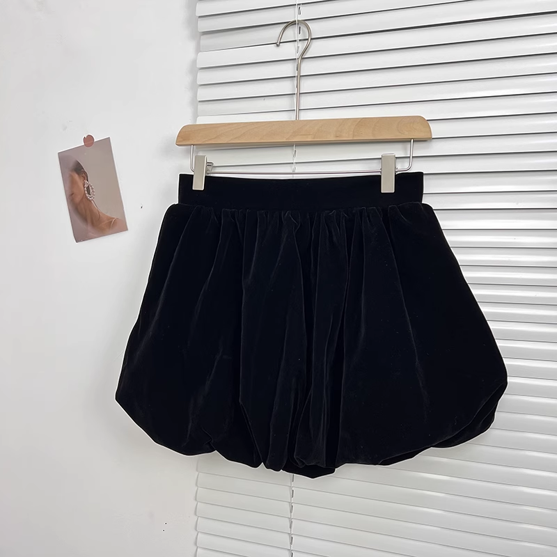 Black Velvet A-line Elegant Dress Puffy 2PCS Set Mini Skirt L30