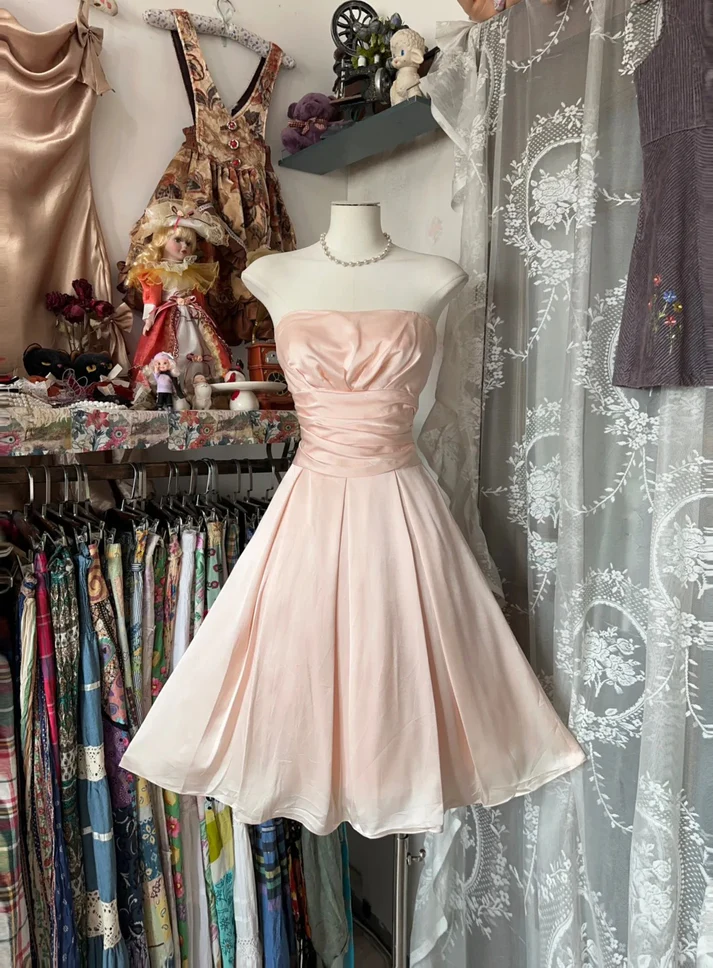 Robe de soirée courte rose coupe trapèze, tenue d'anniversaire, robe de bal courte, J7010