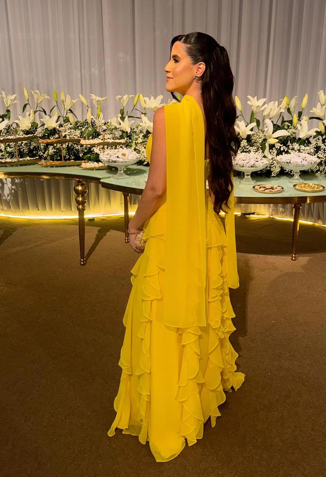 Strapless A Line Yellow Ruffle Wedding Guest Dress Long Prom Dress J7838