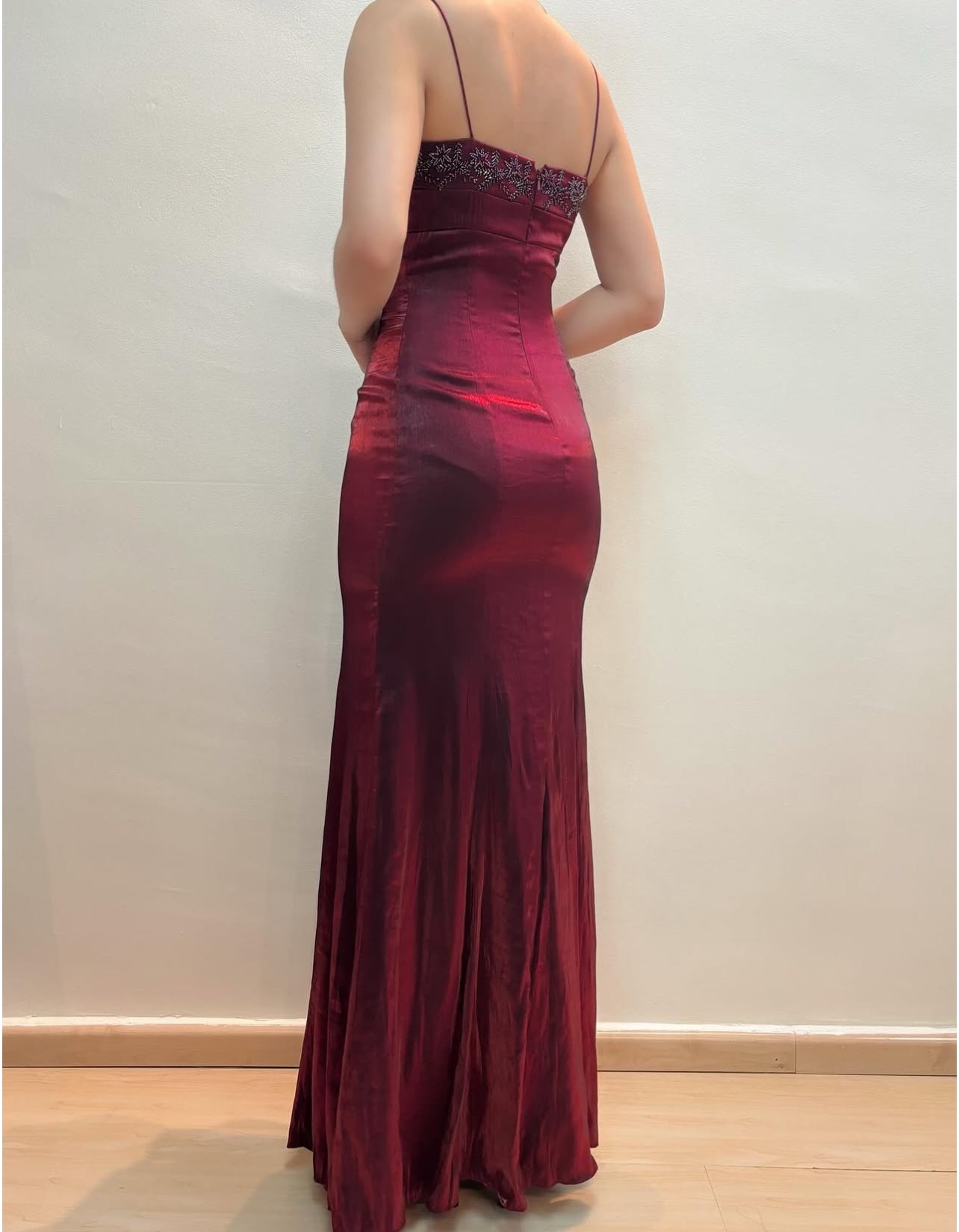 Spaghetti Straps Burgundy Long Prom Dress Beaded Vintage Dress J8561