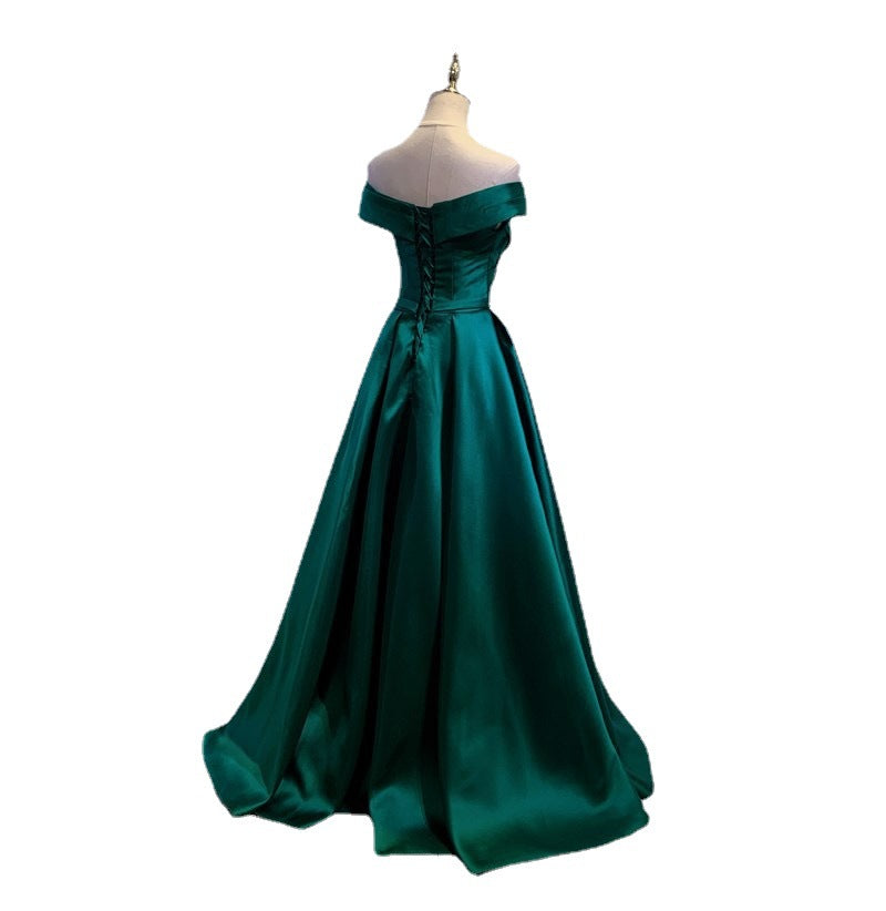 Robe de bal longue verte à épaules dénudées en satin, robe de soirée formelle 258
