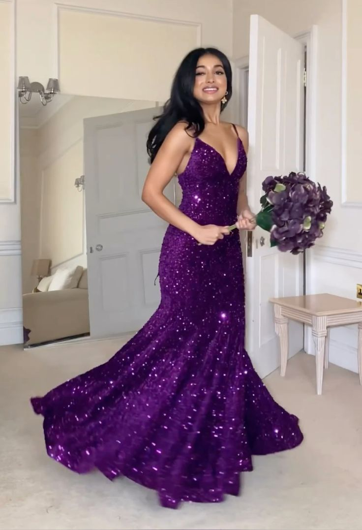 Lila Meerjungfrau Pailletten Langes Ballkleid Funkelndes Abendkleid J8253