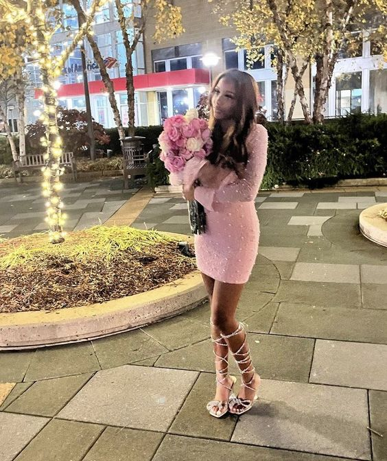 Robe fourreau rose perlée, robe de bal courte J3412