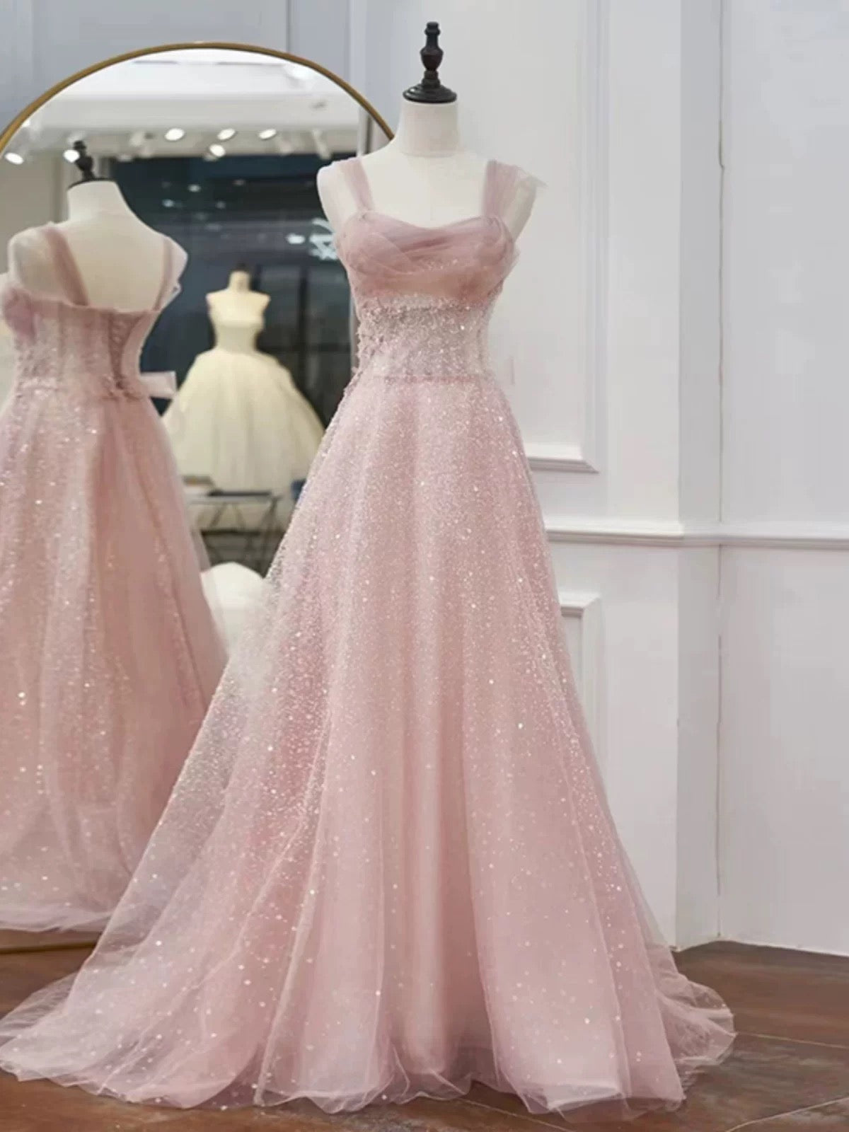 Rosa A-Linie Abendkleid Tüll Glitzerndes Ballkleid J6773