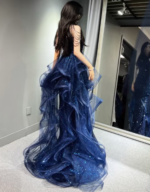 Marineblaues Pailletten-Meerjungfrau-Ballkleid mit Rüschen J6616