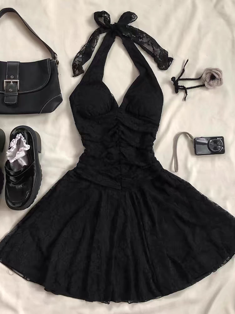 Neckholder A-Linie Schwarzes Spitzen-Minikleid Homecoming-Kleid Geburtstagsoutfit J7475