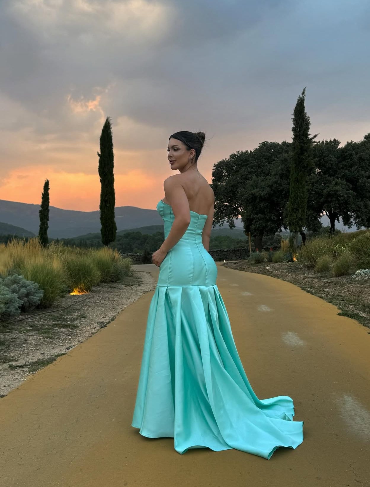 Blaues Meerjungfrau-Abendkleid, lang, Satin, Hochzeitsgastkleid J8059