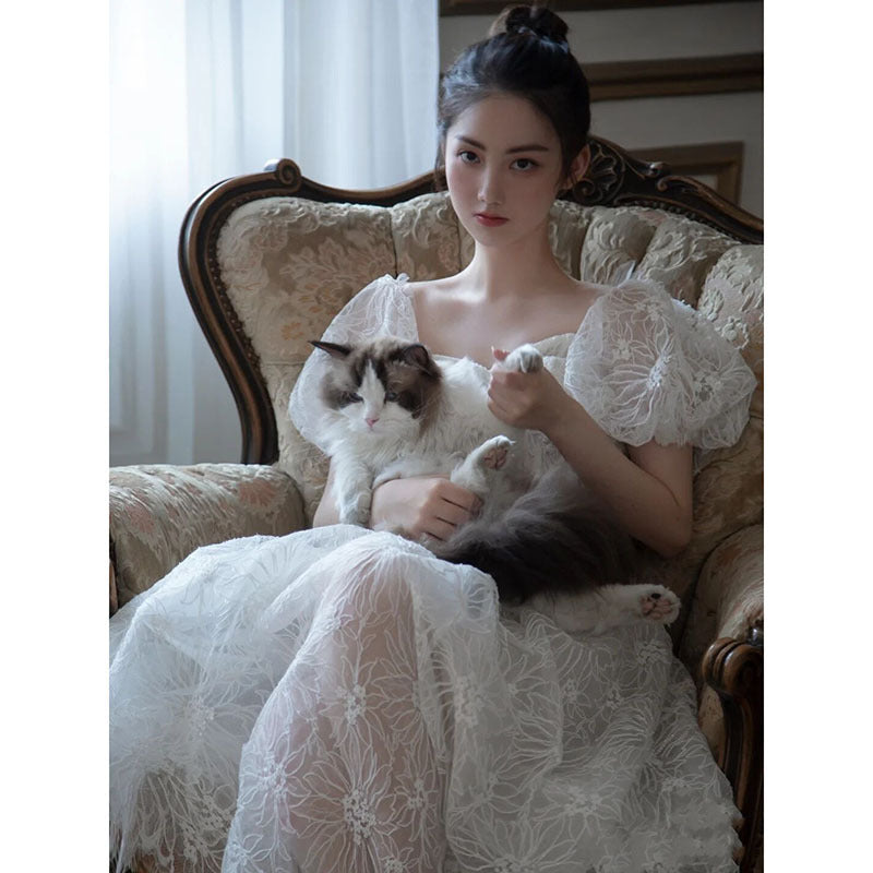 A Line White Tulle Prom Dress Short Sleeves Wedding Dress 117 - JulyProm