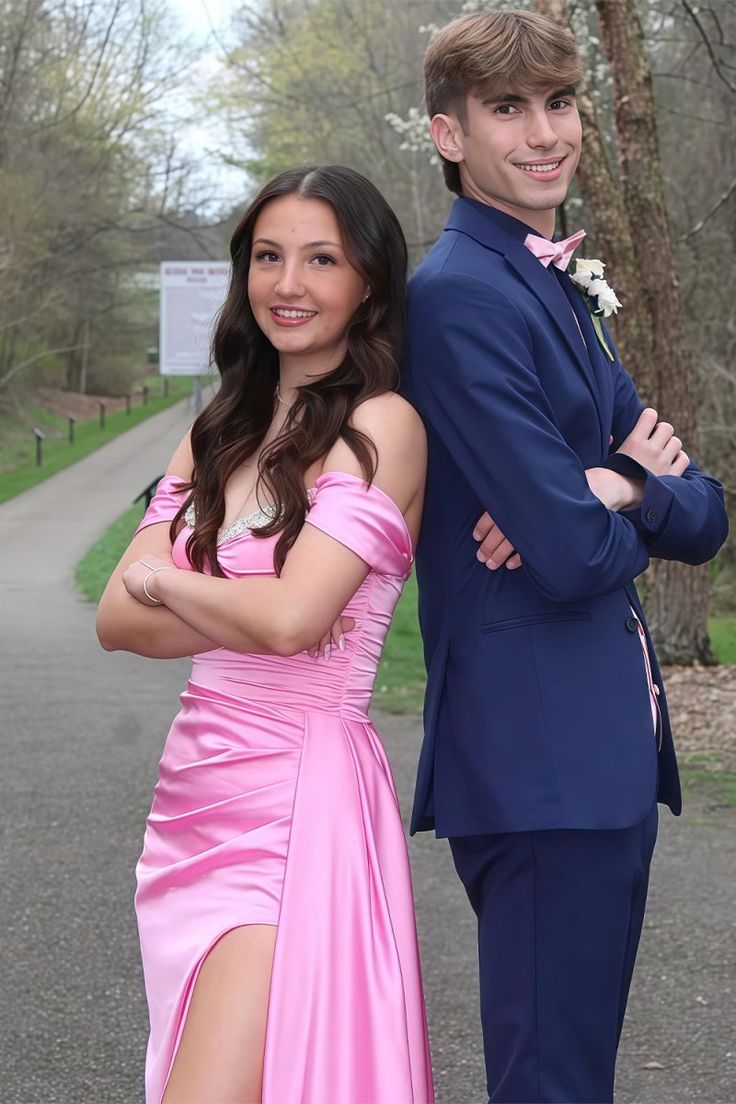 Pink Mermaid Off The Shoulder Satin Beaded Long Prom Dresses With Slit J9636