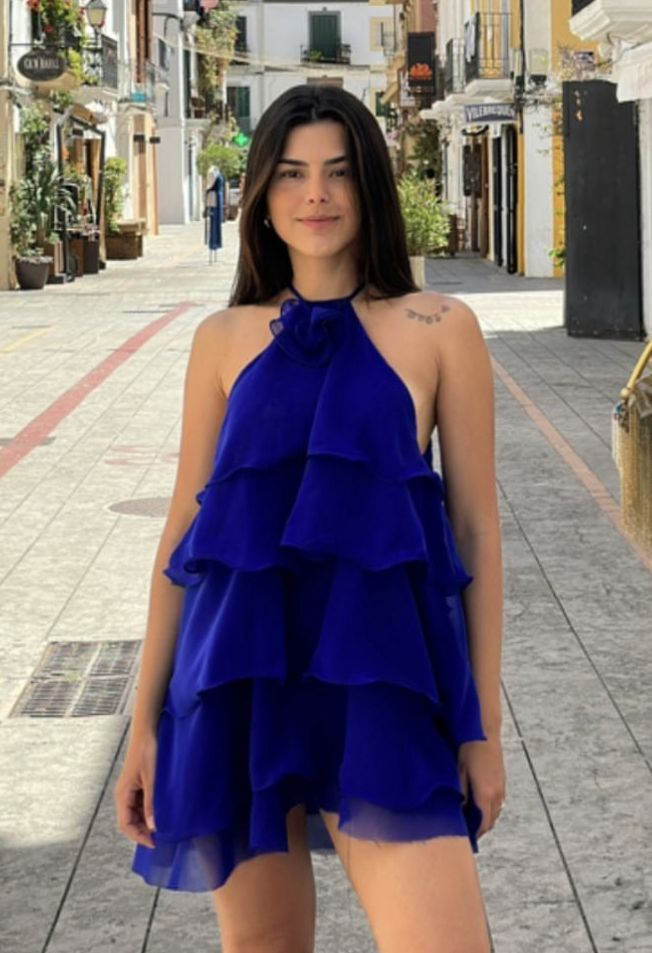 Königsblaues A-Linien-Chiffon-Heimkehrkleid J7429