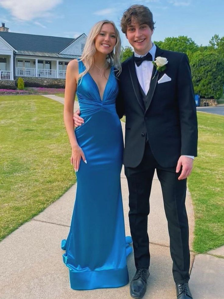 Blaues Satin-Meerjungfrau-Ballkleid, formelles Partykleid J5758