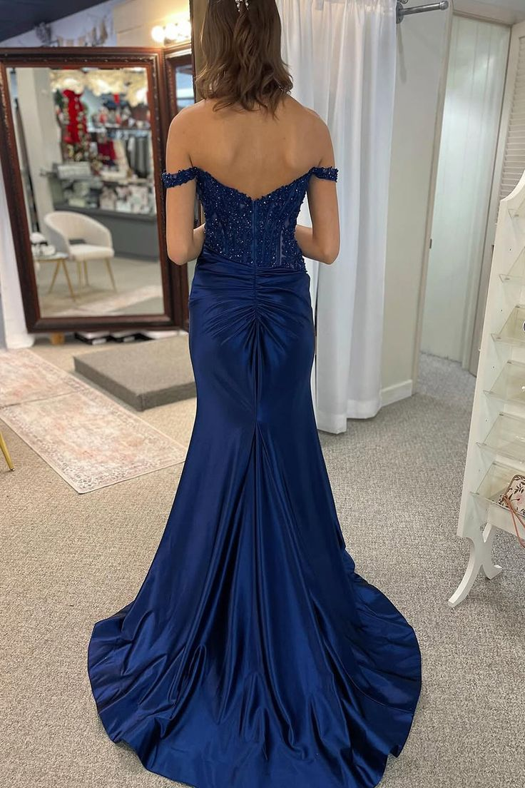 Off Shoulder Navy Blue Mermaid Long Prom Dress Slit Party Dress J5766
