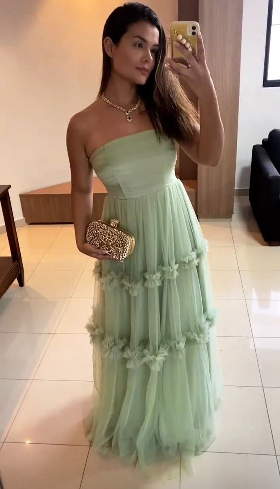 Trägerloses A-Linien-Ballkleid aus grünem Tüll, formelles Partykleid J5775