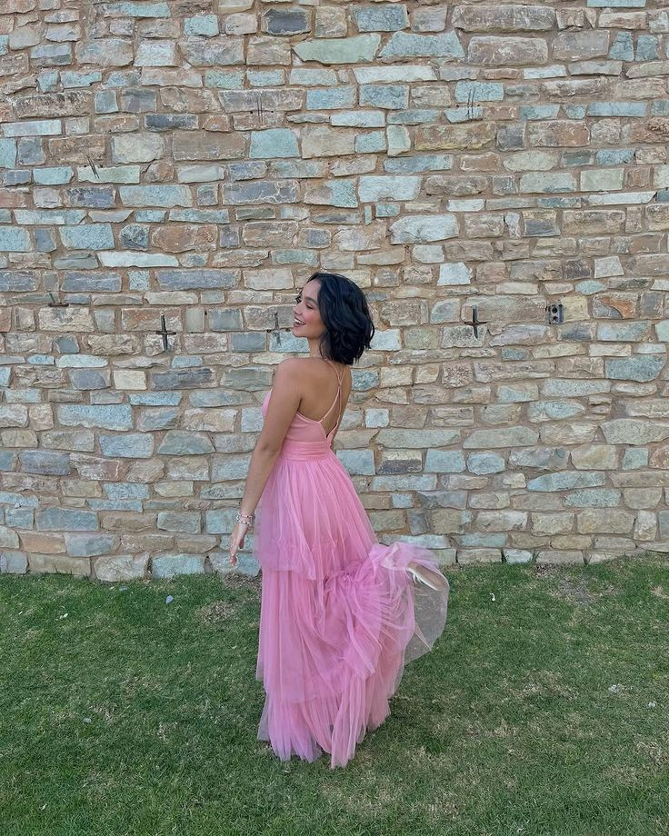 Rosa Ballkleid mit tiefem V-Ausschnitt, Tüll, formelles Partykleid J5780
