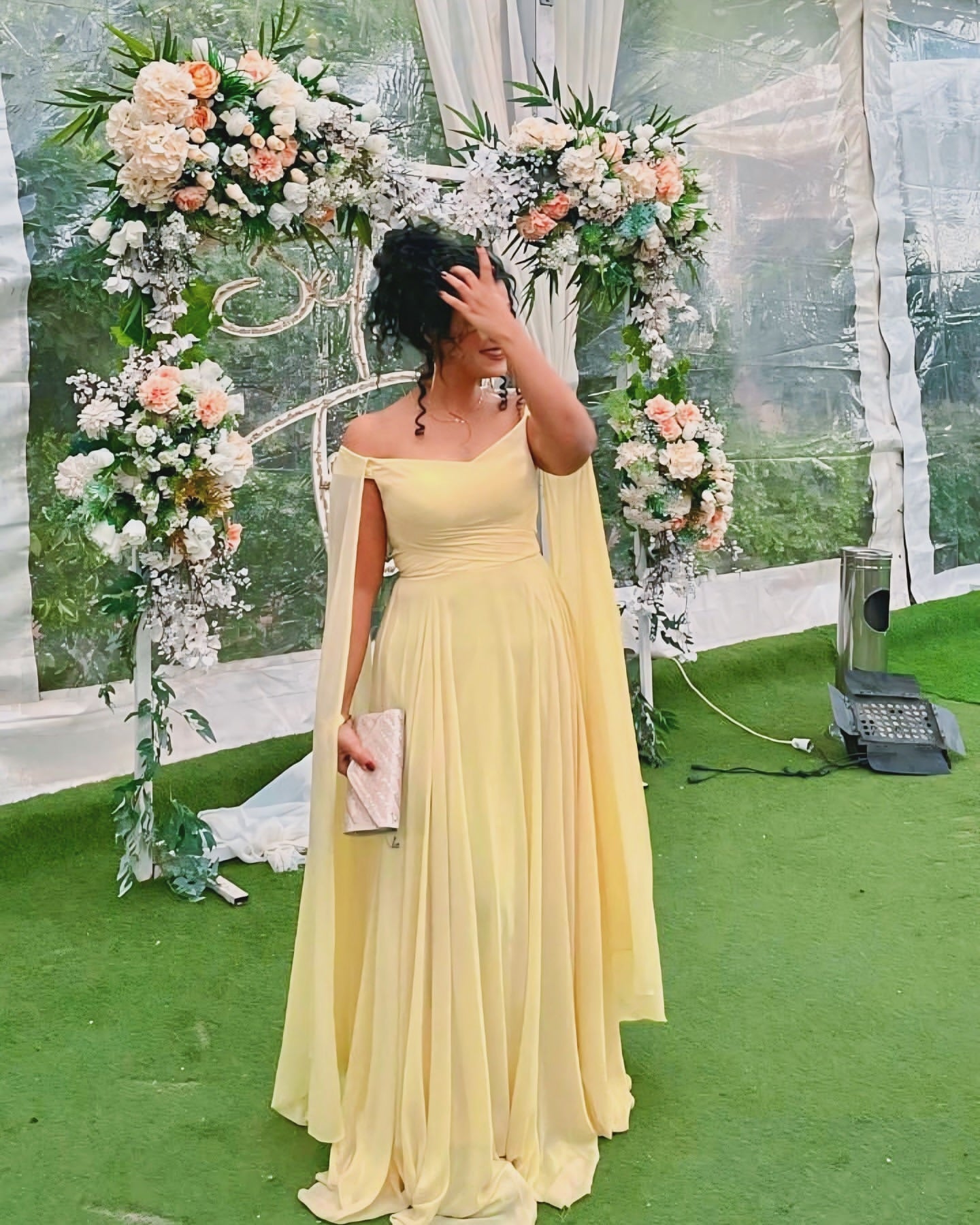 Off Shoulder A Line Yellow Prom Dress Wedding Guest Dress J5877