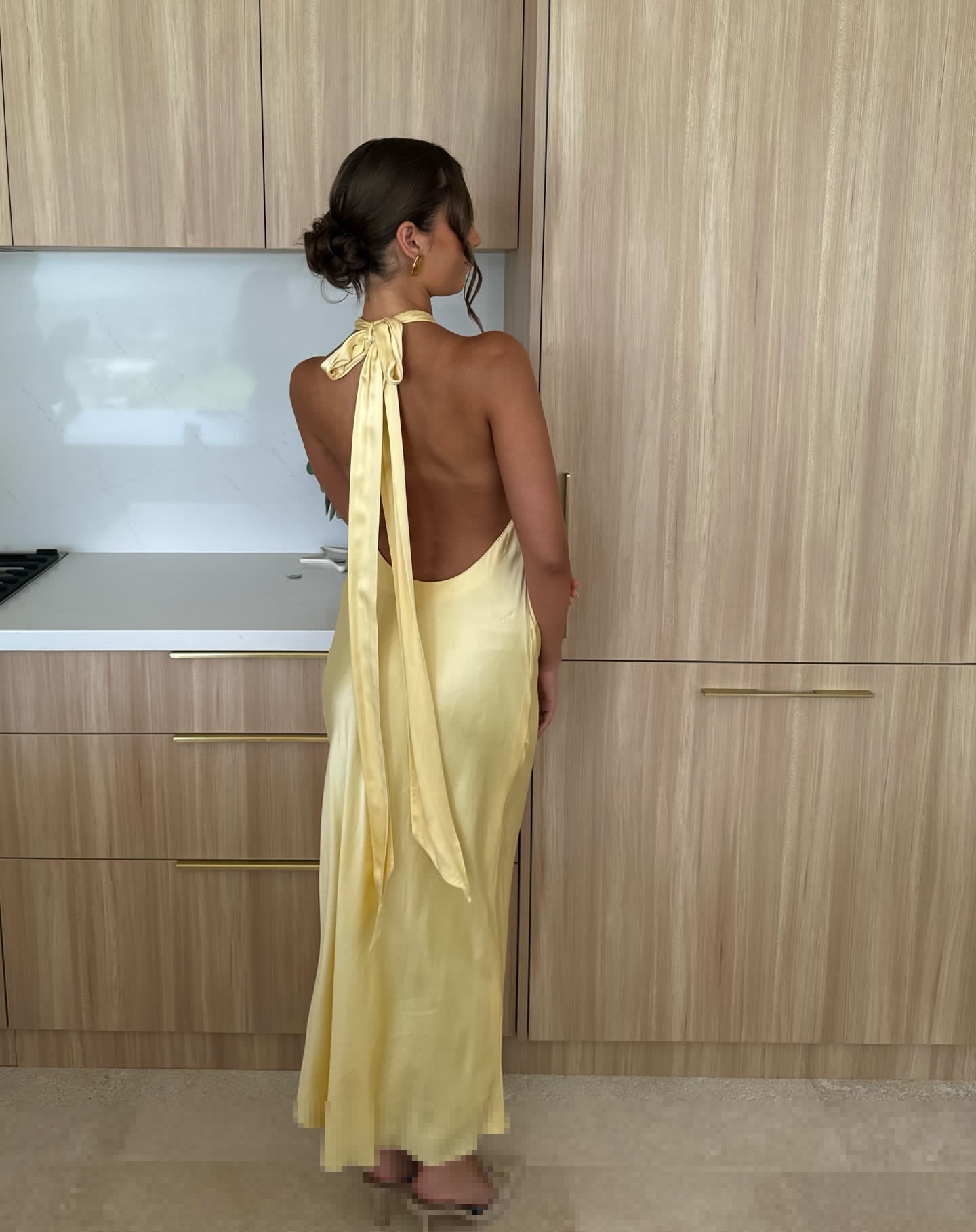 Neckholder Gelb Etuikleid Satin Abendkleid J5891
