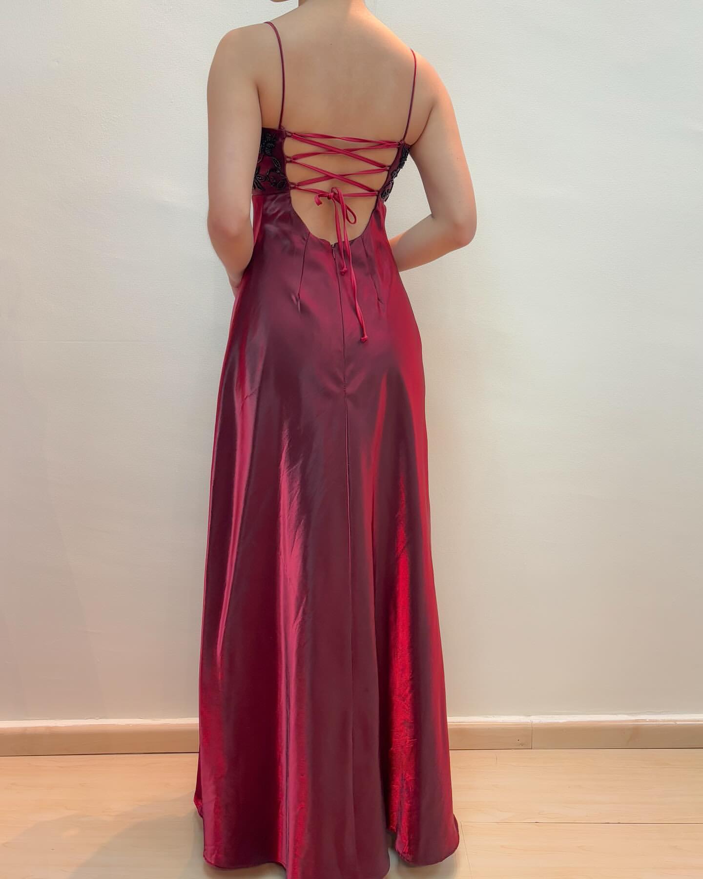 Spaghettiträger Burgunderrot Langes Ballkleid Perlen Vintage Kleid J5905