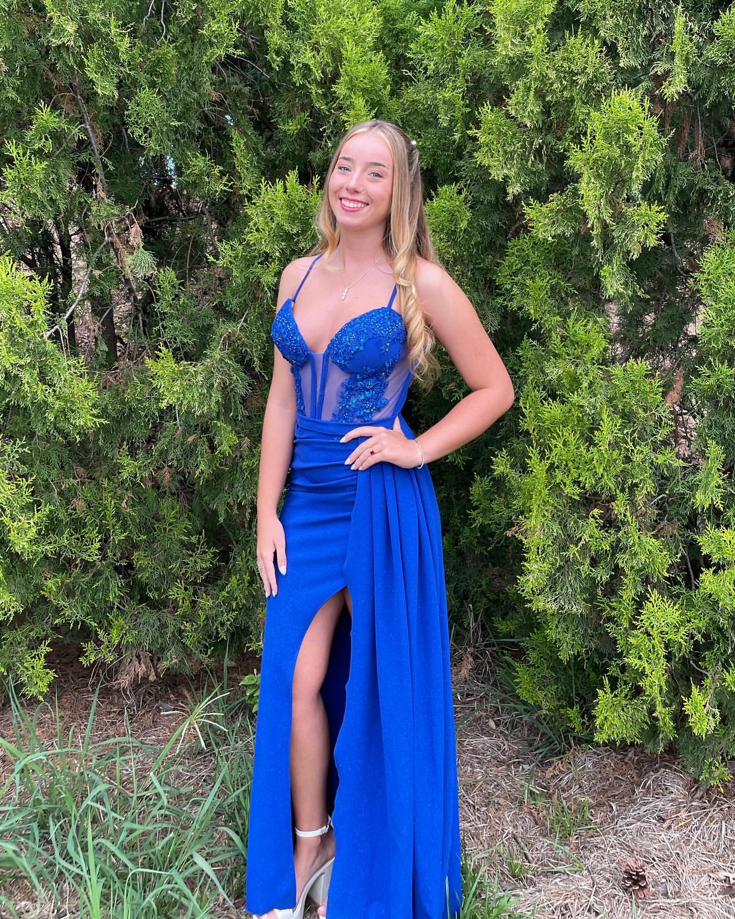Blaues Ballkleid mit Schlitz, formelles Abendkleid, Partykleid J5908