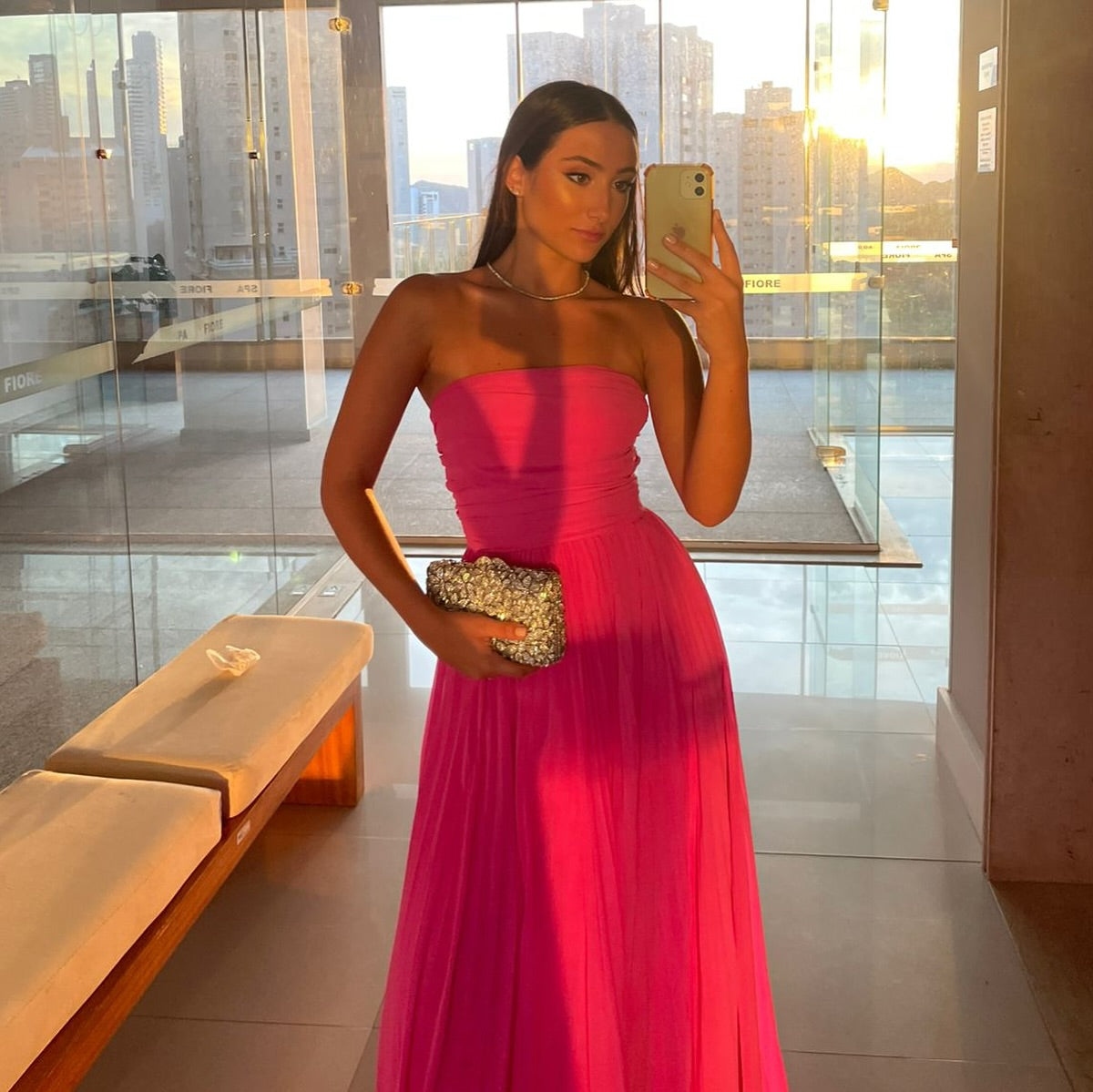 Trägerloses A-Linien-Ballkleid in Pink, lang, J5919