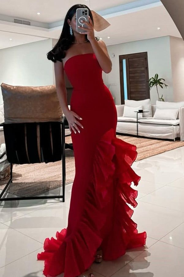 Rotes trägerloses Meerjungfrau-Kleid mit Rüschen, ärmellos, lang, J5936