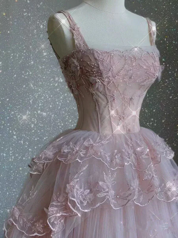 Robe de bal longue en tulle rose et dentelle Robe de soirée rose J5939