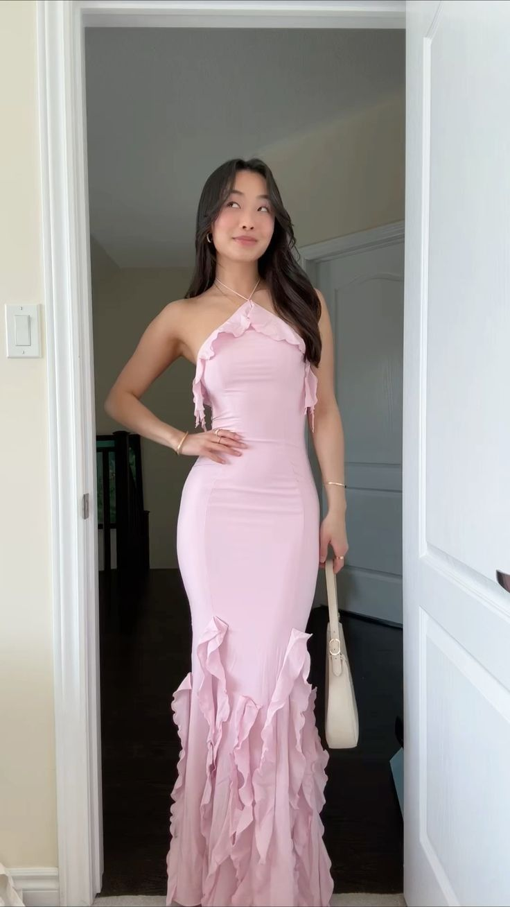Rosa Rüschen Langes Abendkleid Etuikleid Abendkleider J5963