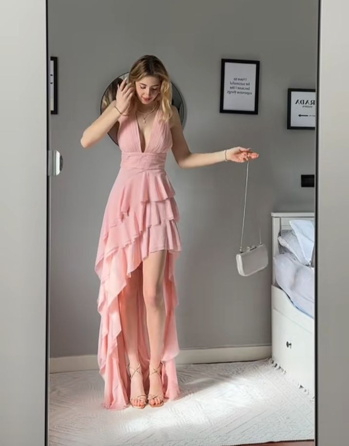 Tiefer V-Ausschnitt, rosa Rüschen, Ballkleid, formelles Partykleid J5993