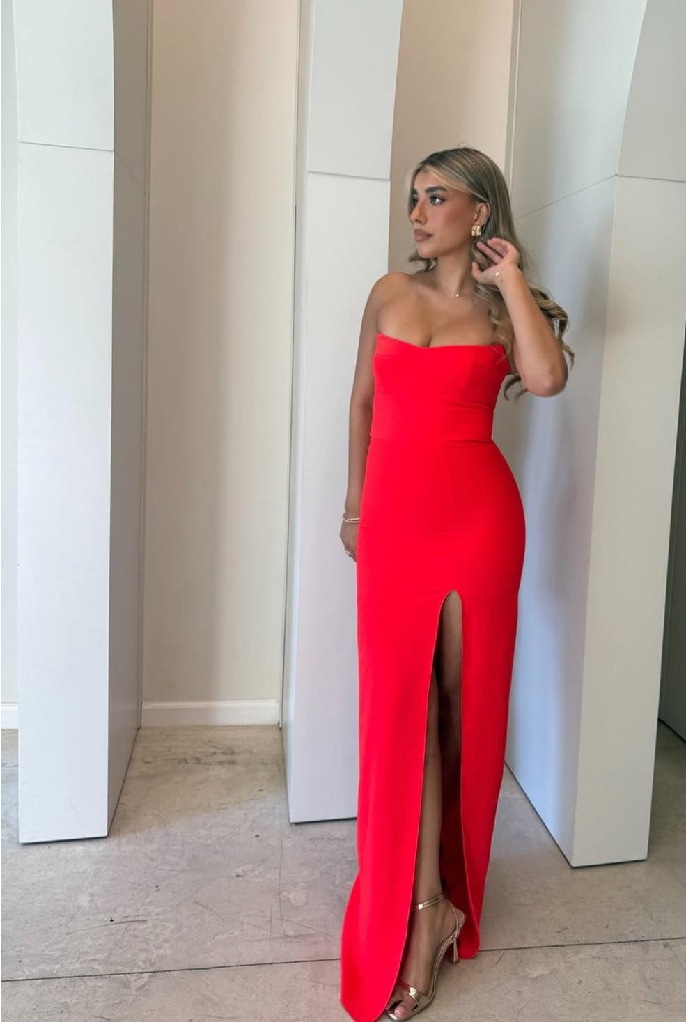 Strapless Red Sheath Slit Long Prom Dress Formal Party Dress J8010