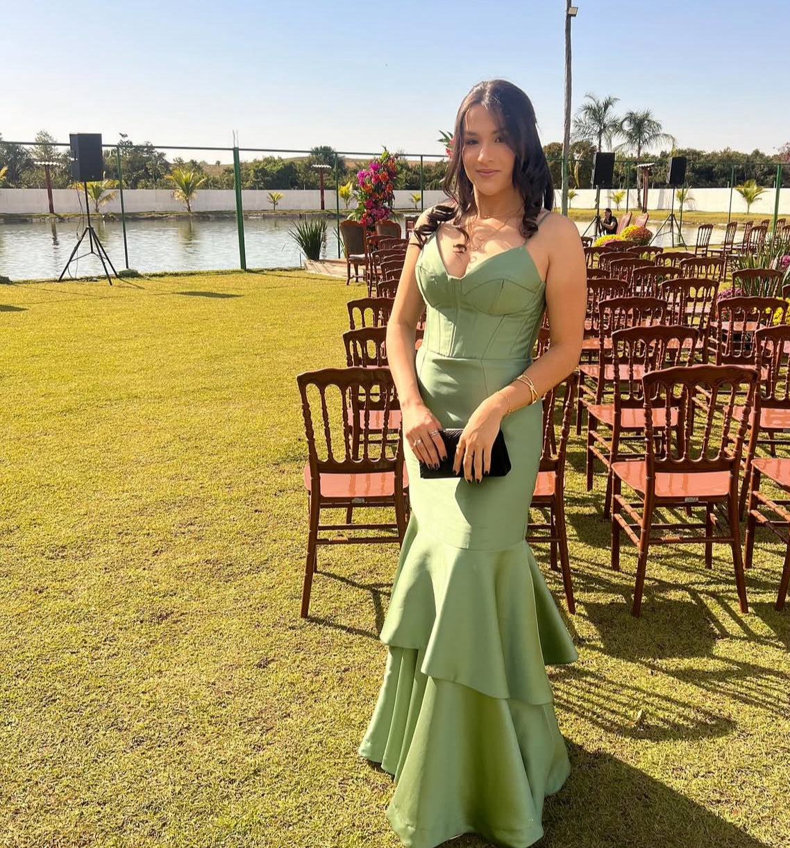 Robe de soirée longue verte style sirène à bretelles spaghetti J7781