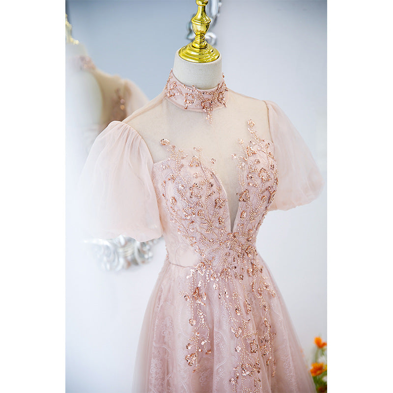 Fairy Pink Tulle Prom Dress Girls Formal Party Dress Short Sleeves Evening Dress 113 - JulyProm