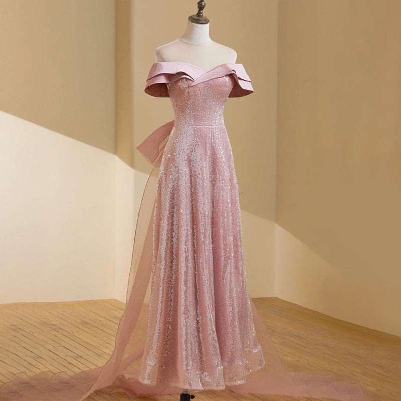 Robe de bal longue à paillettes et épaules dénudées, robe de soirée rose brillant avec traîne 260